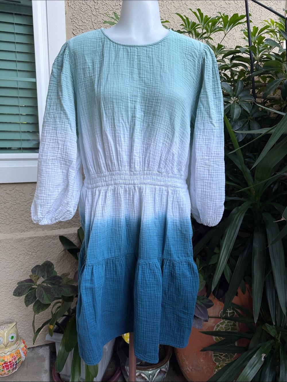 Ombre Gauze Tiered Cotton Dress in Aqua and Teal with Pockets